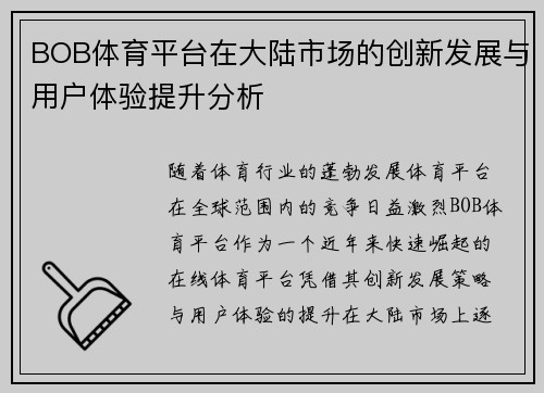 BOB体育平台在大陆市场的创新发展与用户体验提升分析